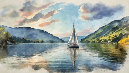 watercolour painting of a sailboat on a lake with calm blue water at sunset with beautiful clouds in the sky. The sailboat glides gracefully across the tranquil waters, its sails catching the warm hue