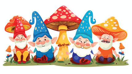 Cartoon happy gnomes sitting on mushroom Flat vector