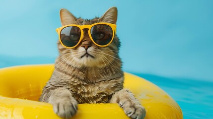 feline wearing shades sitting in yellow pool ring on blue background
