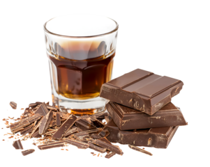 Chocolate tequila and chocolate pieces on transparent background. Dark chocolate and whiskey isolated. Glass of chocolate liqueur and chocolate stack, no background. Food design element
