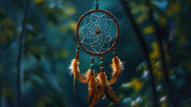 A close up image of a handmade dream catcher with dark green trees in the background,a beautiful amulet symbol hanging,dream catcher hanging from a tree in a field at sunset

