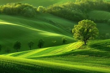 Beautiful spring landscape with green fields and trees in Tuscany, Italy