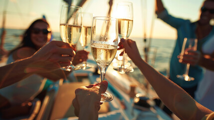 Group of friends party on a luxury yacht Drink champagne and have fun chatting while sailing on the sea.