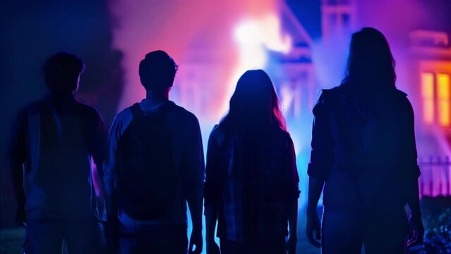 A group of thrillseekers stand in front of a dark foreboding haunted house their backs to the camera as they prepare to enter the . .