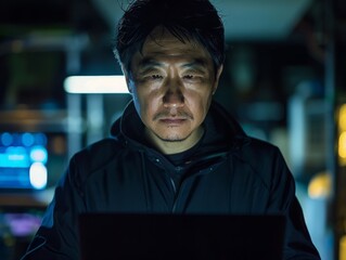 An older Asian hacker sits in front of a black laptop computer. 