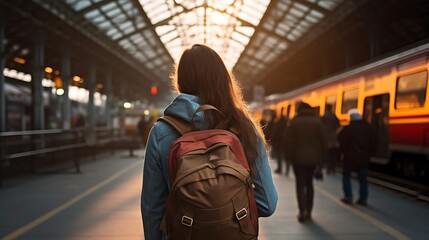 people on the train. Young woman with backpack on her back waiting at large train station, view from behind. Train travel. Railway station. Expectation