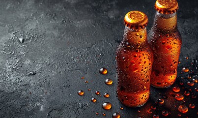 Closed bottles without labels on a dark background.
