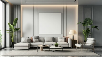 Stylish living room interior with armchairs and art decoration with mock up poster frame