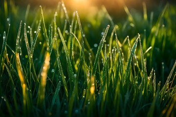 Close-up of dew-kissed green grass blades in the early morning light of a crisp autumn day.