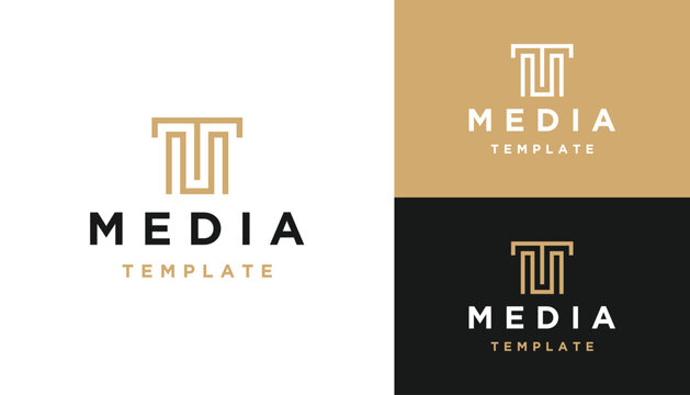 Golden Initial Letter TM M T MT with Simple Geometric Shape Line Art Logo Design