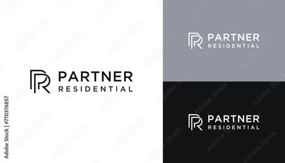 Poster initial letter p r pr monogram with simple connected line art logo design