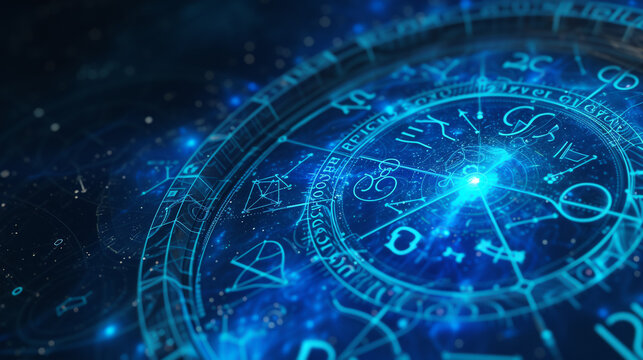 A purple light and geometric background with an astrological wheel