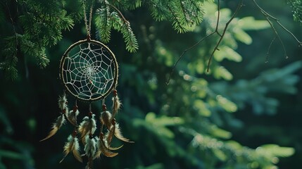 A close up image of a handmade dream catcher with dark green trees in the background,Dream catcher ancient belief and so antic,Dreamcatcher sunset , boho chic, ethnic amulet,symbol, 
 - obrazy, fototapety, plakaty