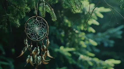 Foto op geborsteld aluminium Boho A close up image of a handmade dream catcher with dark green trees in the background,Dream catcher ancient belief and so antic,Dreamcatcher sunset , boho chic, ethnic amulet,symbol,  