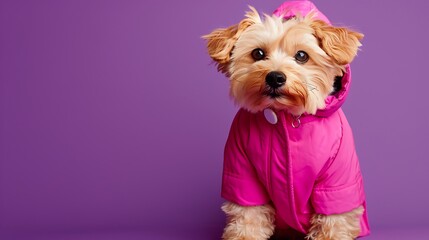 Little canine in an elegant pink coat with a hood on purple background