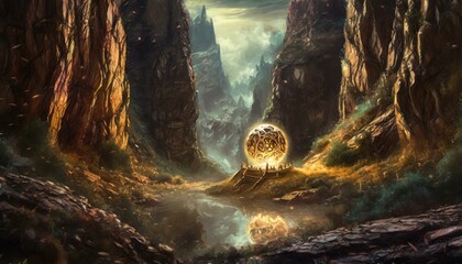 A surreal scene featuring a glowing sphere situated in a canyon. The canyon is filled 