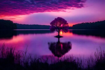 A vivid sunset paints the sky behind a solitary purple tree on the tranquil lake's edge. - Powered by Adobe