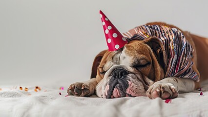Bulldog with Party Hat Asleep