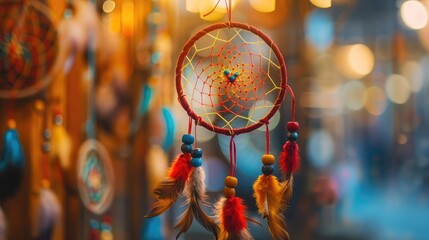 Beautiful colorful dream catcher for sell in souvenir shop on blurred background ,Collection of colorful bird feather for decoration,Dream catcher on the bright multicolored background

