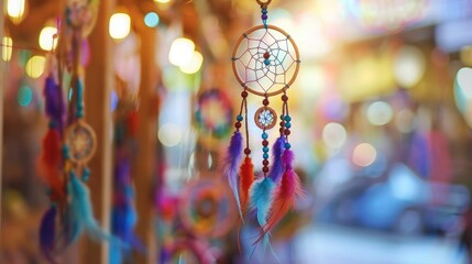 Beautiful colorful dream catcher for sell in souvenir shop on blurred background ,Collection of colorful bird feather for decoration,Dream catcher on the bright multicolored background
