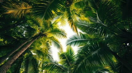 tropical palm leaf background, coconut palm trees perspective view - obrazy, fototapety, plakaty