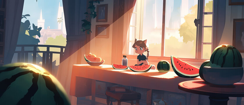 Anime Style Illustration Of A Cat Sitting On A Table With A Bowl Of Fruit