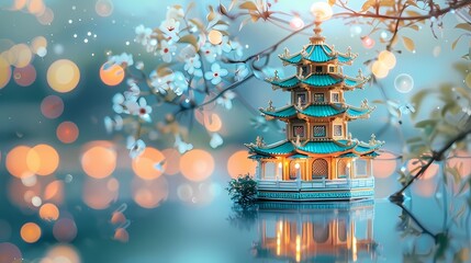 Fototapeta na wymiar asian pagoda with lights on the lake illustration poster background 