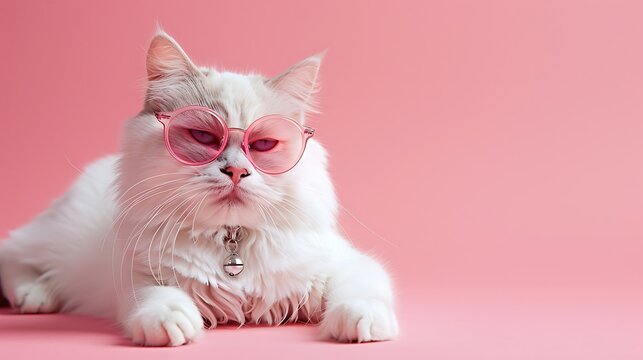 picture of an entertaining charming dim and white cushioned feline in radiant pink glasses lying on a pink background