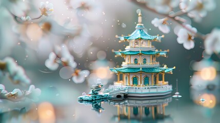 Obraz premium asian pagoda with lights on the lake illustration poster background 