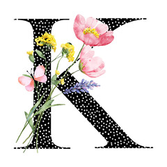 Letter K with watercolor flowers and leaf. Monogram initial, letterhead perfectly for wedding invitations, greeting card, logo, poster and other design. Hand drawing.