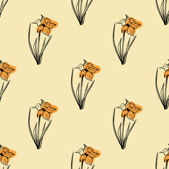 Seamless floral pattern in vintage style. Silhouette of narcissus flower on yellow background for wrapping paper, background, textiles. Spring and summer collection