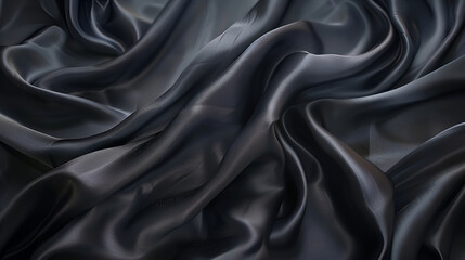 Silk satin fabric. Black color. Texture, background, pattern, texture of natural gray or black fabric or cloth in same color. Fabric texture of natural cotton, silk or wool, or linen textile material
 - obrazy, fototapety, plakaty