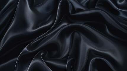 Silk satin fabric. Black color. Texture, background, pattern, texture of natural gray or black fabric or cloth in same color. Fabric texture of natural cotton, silk or wool, or linen textile material
 - obrazy, fototapety, plakaty