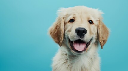 a cheerful goldne retriever canine pup on a light blue background - obrazy, fototapety, plakaty