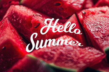 Juicy watermelon slices with "Hello Summer" text welcoming the warm season.