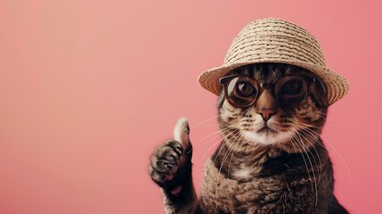 a wonderful feline in dark shades and a straw cap holding a thumb up as an indication of brilliant work a disengaged pink background