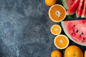 Fresh oranges and watermelon slices on a textured background.