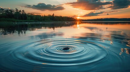 A serene lake with a single pebble causing a perfect ripple splash reflecting the sunset sky
