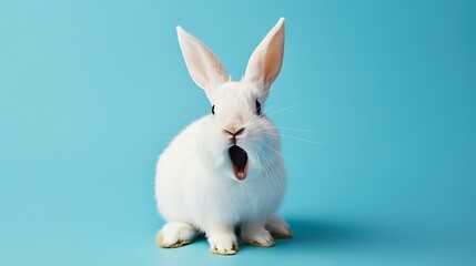 Obraz premium Shocked charming white rabbit on a blue background