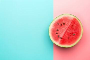Half a watermelon on a colorful blue and pink background.