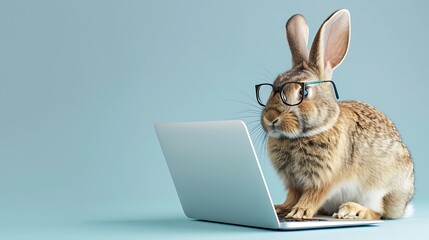 Shrewd rabbit with glasses and laptop on blue background