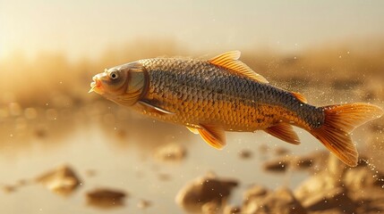 Carp swimming mid-air in desert, golden hour, low angle, hyper-realistic style,