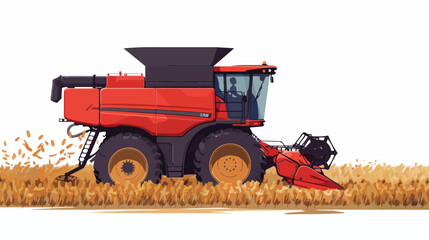 Combine harvester working in field. Flat vector stock
