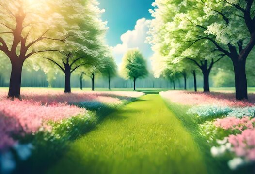 Beautiful blurred background image of spring nature with a neatly trimmed lawn surrounded by trees against a blue sky with clouds on a bright sunny