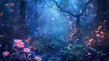 Fototapeta na wymiar colorful fantasy forest foliage at night, glowing flowers and beautifuly magical fairies, bioluminescent fauna as wallpaper background