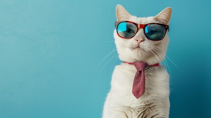 Stylish white feline in shades and necktie against a blue background