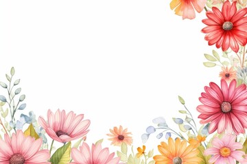 Fototapeta premium watercolor of gerbera daisy flowers frame, botanical border, romantic gerbera daisy flowers. Floral frame illustration. Floral banner, background, card with copy space.