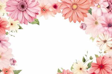 Obraz na płótnie Canvas watercolor of gerbera daisy flowers frame, botanical border, romantic gerbera daisy flowers. Floral frame illustration. Floral banner, background, card with copy space.