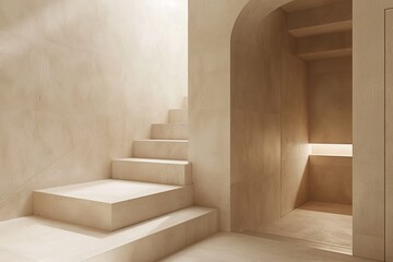 contemporary minimalistic interior design, beige color, stairs