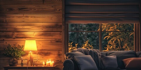 Cozy Corner With sofa, candle on wooden wall 